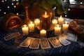Tarot cards on the table and the light of many candles. Generative AI