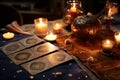 Tarot cards on the table and the light of many candles. Generative AI