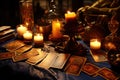 Tarot cards on the table and the light of many candles. Generative AI