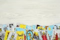 Tarot cards on white wooden table, top view. Space for text Royalty Free Stock Photo