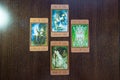 Tarot cards on the wood. Labirinth tarot deck. Esoteric background.