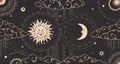 Tarot sun and moon backgroud. Celestial stars and clouds, vintage zodiac cards for alchemy or astrology, hand drawn