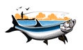 Tarpon Fishing emblem. Vector Outdoor Illustration With Fisherman. Royalty Free Stock Photo