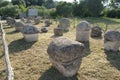 Tarquinia Necropolis, Italy - August 8 2009: a group of cinerary urns made of stone