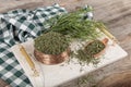 Tarragon or estragon.Fresh and dry tarragon herb. Raw and dry tarragon spice.Tarragon or Artemisia dracunculus