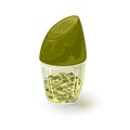 Tarragon spice is in glass pepper caster, tin, jar with green plastic lid.