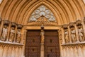 TARRAGONA,SPAIN-APRIL 25,2018 : The facade of the cathedral of Tarragona is in Romanesque and Gothic style