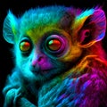 Tarsier in abstract, graphic highlighters lines rainbow ultra-bright neon artistic portrait