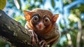 Tarsier is seen in the forest walking in a tree