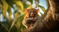 Tarsier is sunbathing in the forest early in the morning