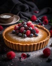 Tart with berries on a black background. Selective focus.