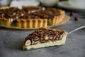Tart with chocolate caramel, hazelnuts, peanuts, almonds and seed mix on a dark concrete background. Horizontal orientation Royalty Free Stock Photo
