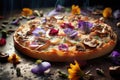 Tart with mushrooms bacon cheese and edible flower. Trendy food. Homemade pie or quiche. Appetizer, delicious snack. Royalty Free Stock Photo