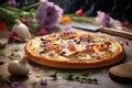 Tart with mushrooms bacon cheese and edible flower. Trendy food. Homemade pie or quiche. Appetizer, delicious snack. Royalty Free Stock Photo