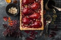 tart with red wine poached pears