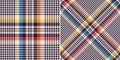 Tartan check plaid patern. Multicolored herringbone textured seamless tweed vector set in navy blue, red, orange, yellow, beige.