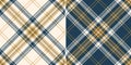 Tartan check texture pattern set in blue, gold, off white. Seamless striped graphic background vector plaid for autumn winter. Royalty Free Stock Photo