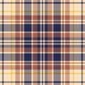 Tartan plaid pattern for autumn in navy blue, brown orange, yellow, beige. Seamless large multicolored check plaid graphic vector.