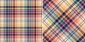 Tartan plaid pattern for autumn winter in navy blue, orange, red, yellow, beige. Seamless multicolored small check pattern set.