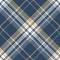 Tartan plaid pattern in blue, gold, white. Herringbone textured seamless diagonal check plaid for flannel shirt, scarf, blanket. Royalty Free Stock Photo