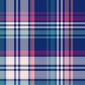 Tartan plaid pattern in blue, magenta pink, teal green for spring summer autumn winter. Seamless large multicolored check plaid.
