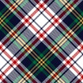 Tartan plaid pattern. Christmas check vector in navy blue, red, green, yellow. Seamless herringbone texture for blanket, duvet.