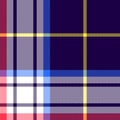 Tartan plaid pattern large in navy blue, neon yellow, blue, pink, white. Seamless herringbone bright colorful check texture.