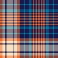 Tartan plaid pattern in navy blue, orange, beige. Large multicolored bright herringbone check graphic texture for blanket, duvet.