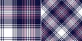 Tartan plaid pattern in navy blue, pink, white. Seamless herringbone textured large check plaid vector for flannel shirt, blanket.