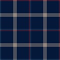 Tartan plaid pattern in navy blue, red, beige. Seamless dark striped check background vector texture for flannel shirt, duvet. Royalty Free Stock Photo