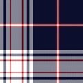 Tartan plaid pattern in navy blue, red, white. Seamless herringbone textured classic dark check plaid graphic for flannel shirt.