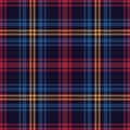 Tartan plaid pattern in red, blue, yellow. Herringbone textured seamless dark colorful check for Christmas and New Year blanket.