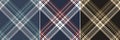 Tartan plaid pattern set in black, gold brown, beige, navy blue, red, white, teal green, grey. Seamless dark checks for flannel. Royalty Free Stock Photo