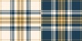 Tartan plaid pattern set in blue, gold, off white. Seamless striped check graphic background vector texture for autumn winter. Royalty Free Stock Photo