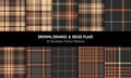 Tartan plaid pattern set in brown, orange, beige. Seamless dark herringbone check vector graphics for autumn winter flannel shirt. Royalty Free Stock Photo