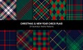 Tartan plaid pattern set for Christmas festive designs. Dark textured checks in red, green, yellow, navy blue for flannel shirt. Royalty Free Stock Photo