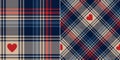 Tartan plaid pattern for Valentines Day with hearts. Seamless herringbone textured large dark bright check plaid set in navy blue.
