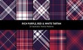 Tartan plaid set in rich purple, red, and white. Seamless vector decorative textured check plaid.