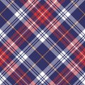 Tartan texture seamless in navy blue, red, orange, white. Large dark bright herringbone check plaid graphic vector for blanket. Royalty Free Stock Photo