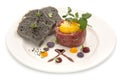 Tartar with black bread and yolk, isolate