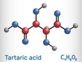 Tartaric acid, dextrotartaric, levotartaric acid molecule. It is antioxidant E334, is alpha hydroxy acid AHA. Molecule