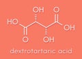 Tartaric acid dextrotartaric acid molecule. Acid present in wine, added as oxidant additive E334 to food. Skeletal formula.