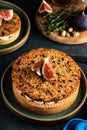 Tarte on sand base with fresh figs, almonds and crispy waffle wi