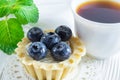 Tartlet or cake with fresh blueberries and cream cheese on white wooden background