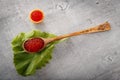 Tartlet filled with red caviar and a full spoon of caviar next to it against rustic wooden background Royalty Free Stock Photo