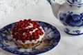Tartlet with quark and lingonberry ant teapot