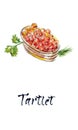 Tartlet with red caviar. Gourmet food, appetizer. Close-up salmon caviar. Delicatessen. Gourmet food. Seafood, watercolor vector