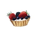 Tartlet with strawberries, blueberries and blackberries. watercolor painted dessert. Royalty Free Stock Photo