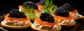 Tartlets with caviar on a plate. Selective focus.