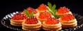 Tartlets with caviar on a plate. Selective focus.